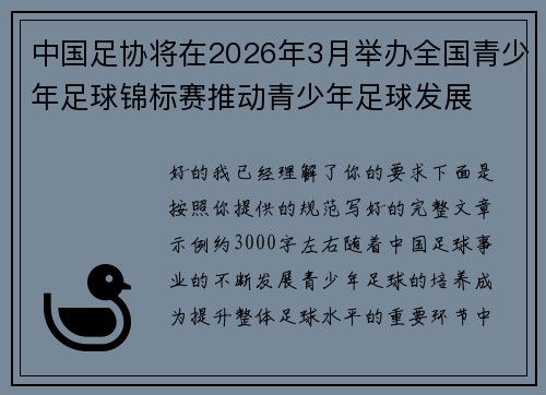 中国足协将在2026年3月举办全国青少年足球锦标赛推动青少年足球发展 中国足协将在2026年3月举办全国青少年足球锦标赛推动青少年足球发展